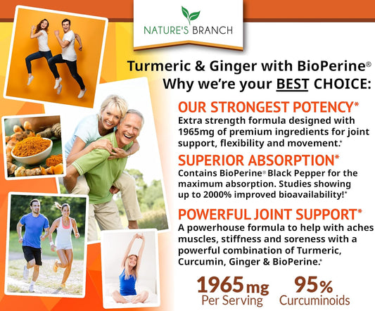 Extra Strength Turmeric Curcumin and Ginger & BioPerine - 1965mg Joint Support Supplement for Aches with Black Pepper Powder Extract - Premium Made in USA | Vegan Natural Non GMO Pills | 90 Capsules