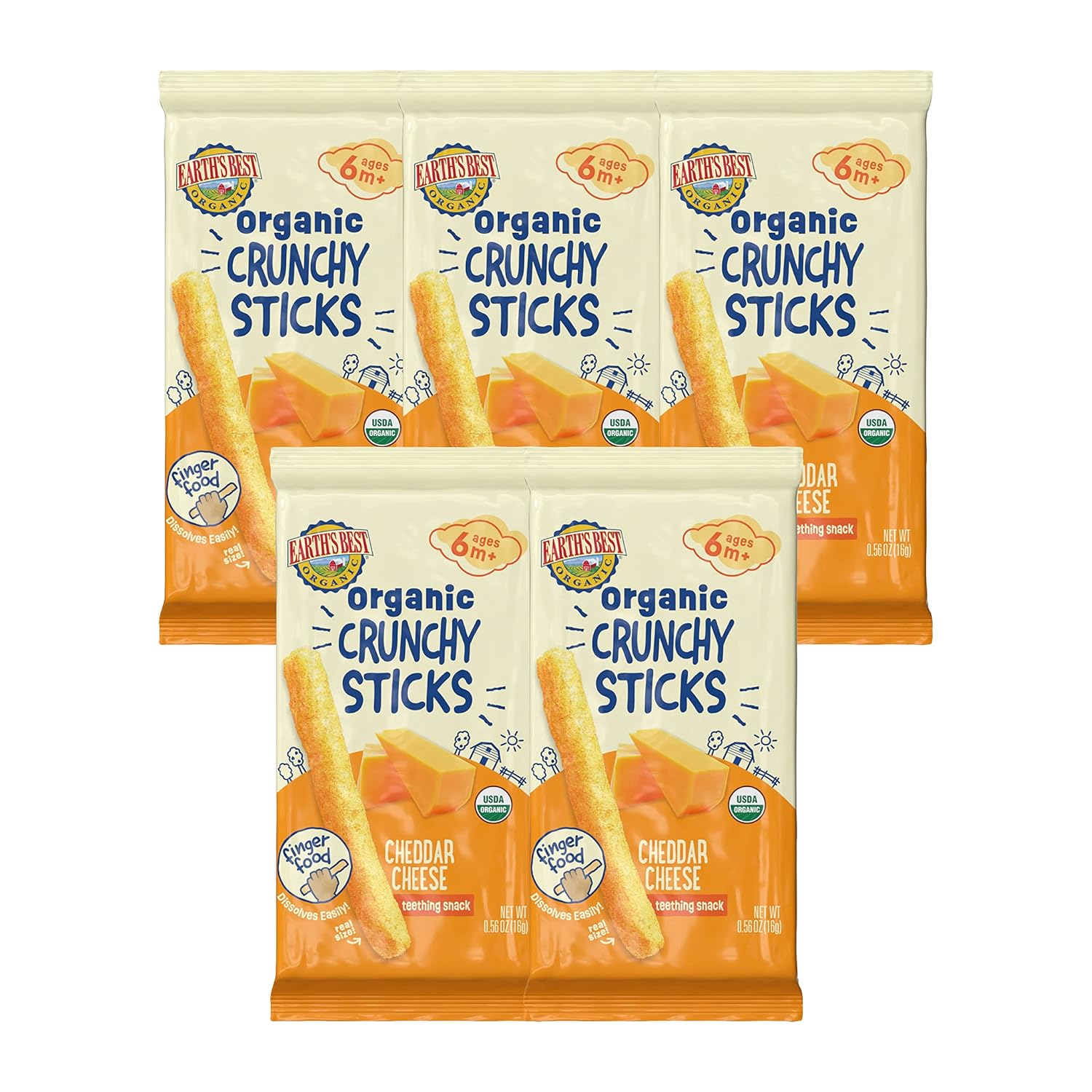 Earth'S Best Organic Baby Food, Dissolvable Teething Snack For Babies 6 Months And Older, Cheddar Cheese Crunchy Sticks, .56 Oz Pack (Pack Of 5)