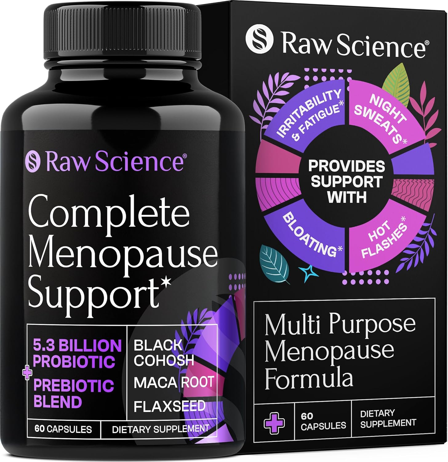 Menopause Supplements For Women - Black Cohosh For Menopause Hot Flashes & Hormone Balance With Dim, Vitex, Dong Quai, Red Clover - Pre / Probiotics For Women'S Vaginal & Digestive Health, 60 Capsules