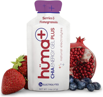 Huma Plus (Double Electrolytes) - Chia Energy Gel, Berries & Pomegranate, 12 Gels - Stomach Friendly, Real Food Energy Gels