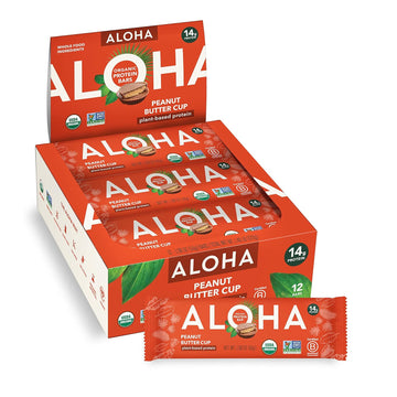 Aloha Organic Plant Based Protein Bars - Peanut Butter Cup Bar - 12 Bars, Vegan, Low Sugar, Gluten-Free, Low Carb, Non-Gmo, No Stevia, No Erythritol