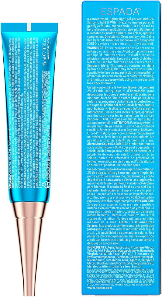 Foreo Espada Bha+Pha Blemish Solution 15 Ml, Acne Treatment & Blackhead Remover, Face Care, 2% Salicylic Acid, Witch Hazel, Tea Tree Oil, Niacinamide, Dermatologist-Tested, Cruelty-Free & Vegan, Blue