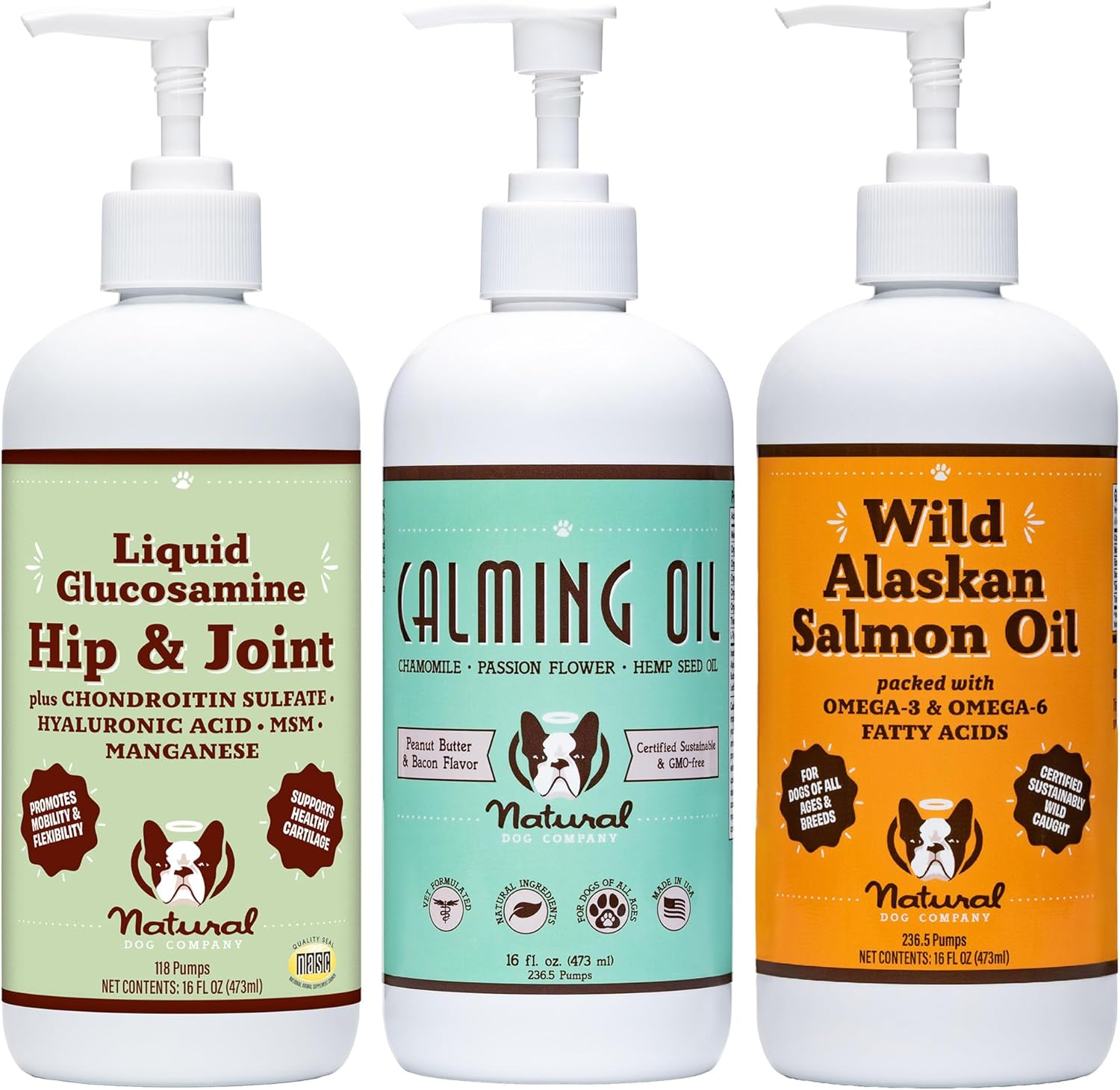 Natural Dog Company Wellness Bundle Food Oil Toppers Including (1) Wild Alaskan Salmon Oil, (1) Liquid Glucosamine, (1) Calming Oil