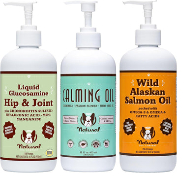 Natural Dog Company Wellness Bundle Food Oil Toppers Including (1) Wild Alaskan Salmon Oil, (1) Liquid Glucosamine, (1) Calming Oil