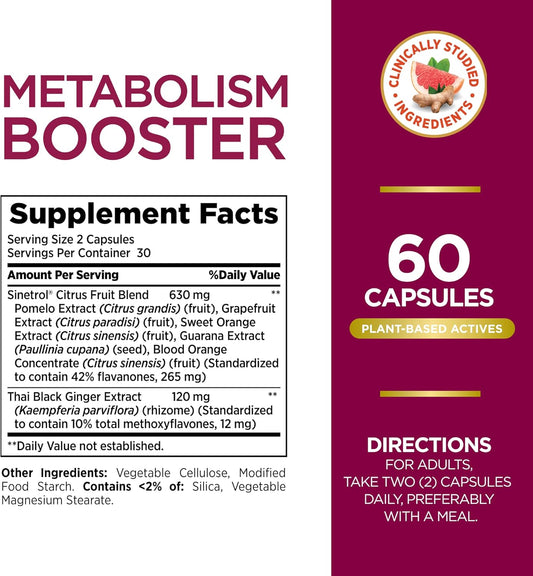 Nature’S Bounty Metabolism Booster Supplement, Boosts Fat Metabolism, Promotes Abdominal Fat Loss, With Citrus Extracts And Black Ginger, 60 Capsules