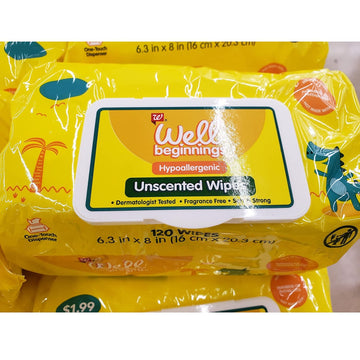 Premium Hypoallergenic Unscented Baby Wipes, 120 Each Pack