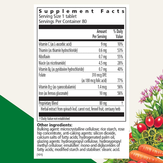 Floradix Iron Tablets - Iron Supplement With Folic Acid, Vitamin C & More - Energy Support* - Vegetarian, Gluten-Free - 120 Tablets