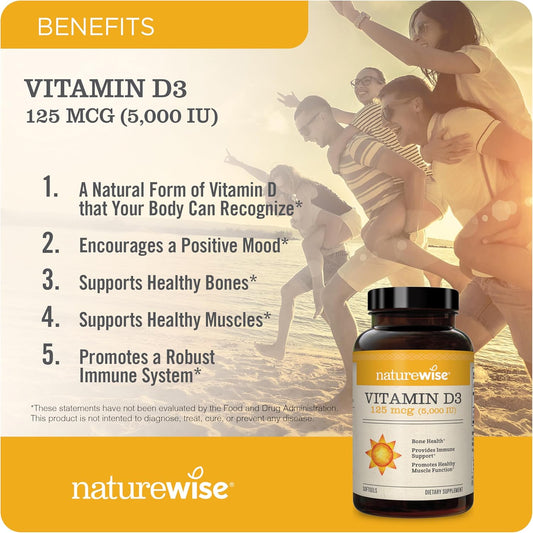 Naturewise Vitamin D3 5000Iu (125 Mcg) 200-Day Supply For Immune Support, Healthy Muscle Function, And Bone Health - Non-Gmo, Gluten Free In Organic Extra Virgin Olive Oil, (Mini Softgel), 200 Count