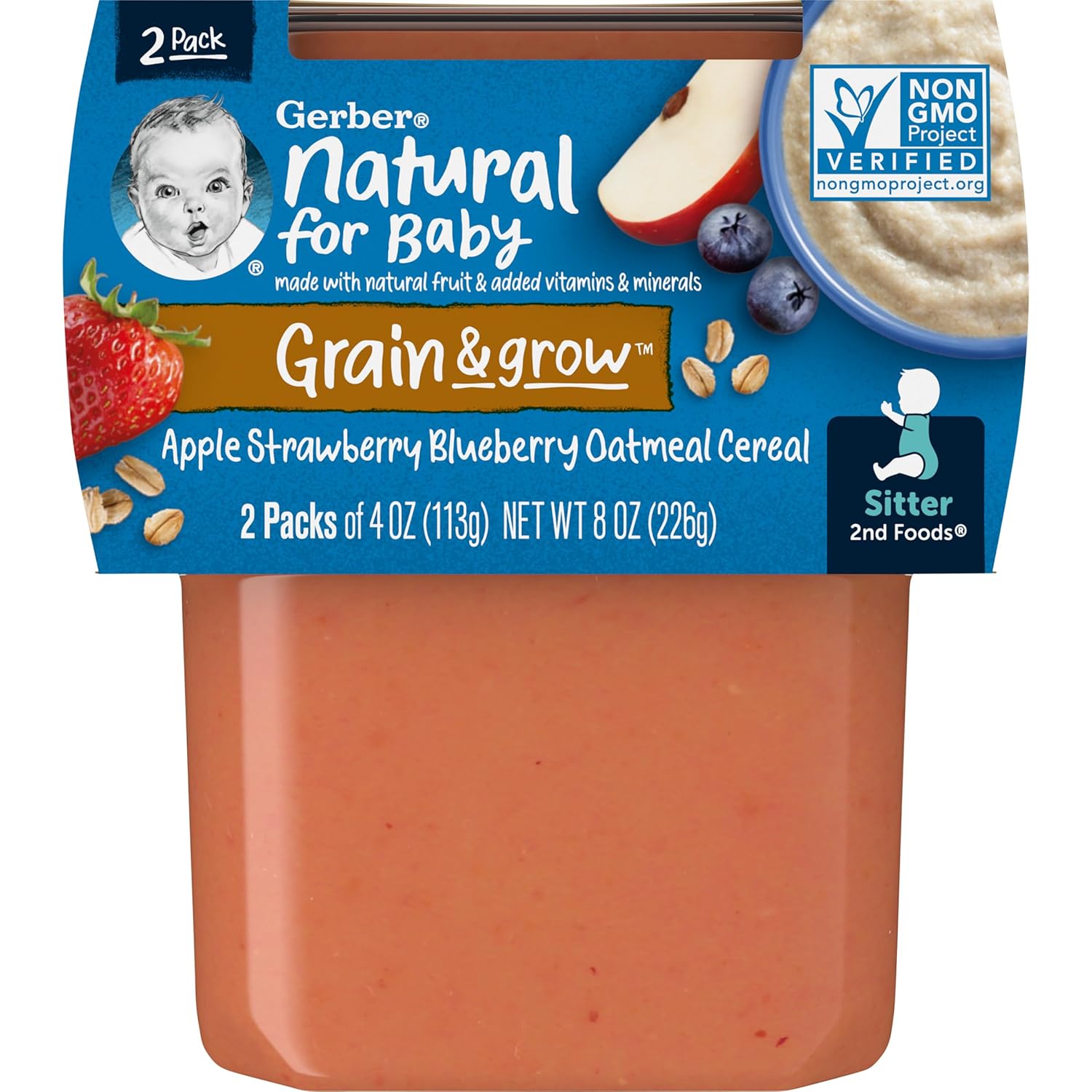 Gerber Baby Food 2Nd Foods, Mixed Cereal, Apple, Strawberry & Blueberry With Mixed Cereal Puree, 4 Ounce Tubs, 2-Pack (Pack Of 8)