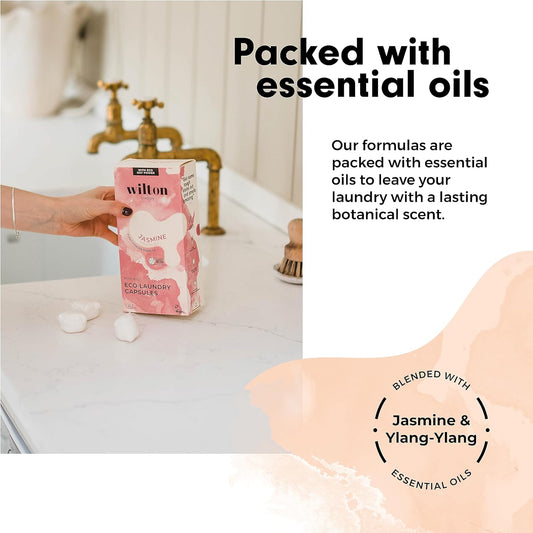 Wilton London Eco Friendly Laundry Capsules 22 Washes - 100% Plastic Free Packaging - Non-Bio - Plant-Based Biodegradable Powder Formula - Essential Oils - Fresh And Longlasting Jasmine Scent