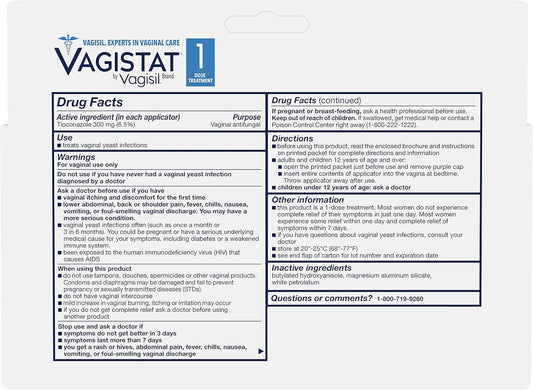 Vagistat 1 Day Single-Dose Yeast Infection Treatment For Women, Antifungal Ointment Helps Relieve External Itching And Irritation, 1 Pre-Filled No Touch Vaginal Applicator, By Vagisil (Pack Of 3)