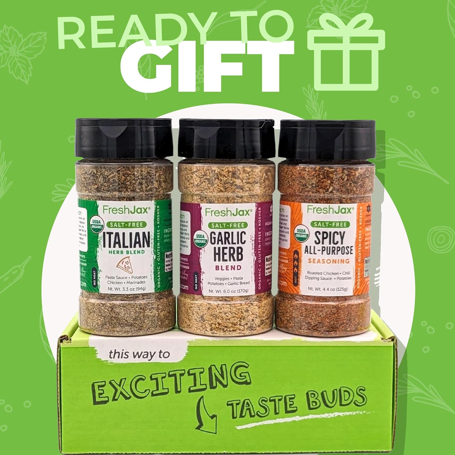 FreshJax Organic Seafood Seasoning Gift Set | 3 Large Bottles | Sriracha Salt, Taco Seasoning and Fresh Bay | Handcrafted in Jacksonville | Grilling Spice Gift Sets : Grocery & Gourmet Food