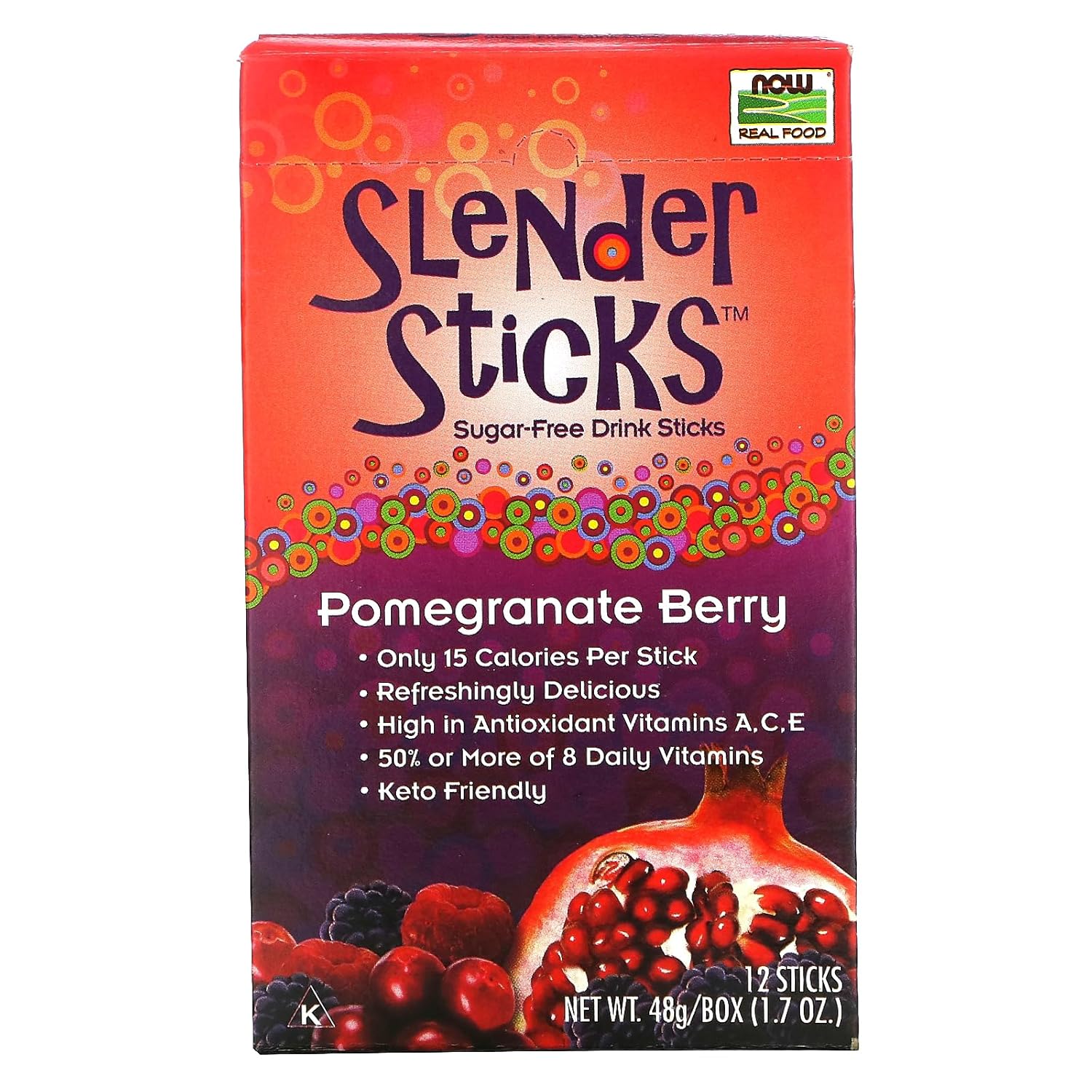 Now Foods, Slender Sticks, Pomegranate Berry, 15 Calories Per Stick, Refreshingly Delicious, With Antioxidant Vitamins A,C, E, 12/Box