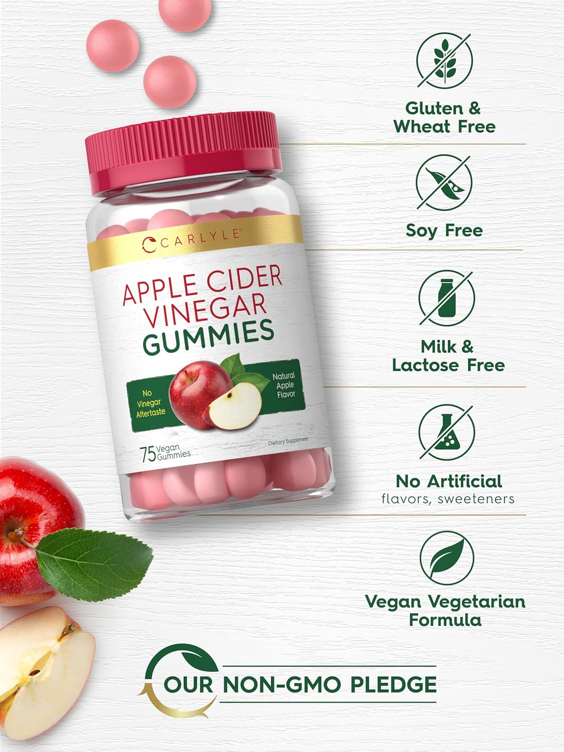 Carlyle Vegan Apple Cider Vinegar Gummies | 75 Count | Apple Flavor | Non-GMO, Gluten Free | ACV Supplement : Health & Household