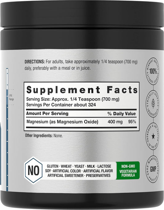 Horbäach Magnesium Oxide Powder | 400mg | 8 Ounces (227 g) | Vegetarian, Non-GMO, and Gluten Free Supplement