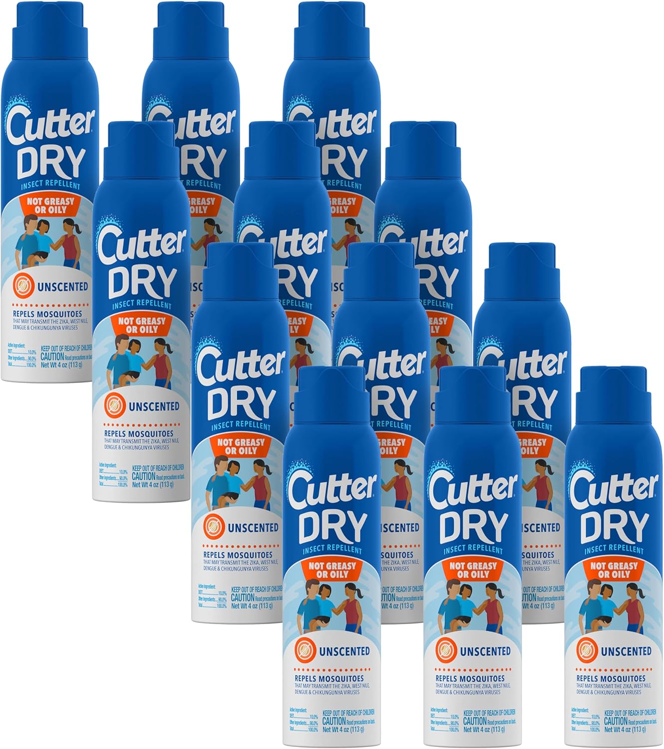 Cutter Dry Insect Repellent, Aerosol, 4-Ounce, 12-Count, Clear