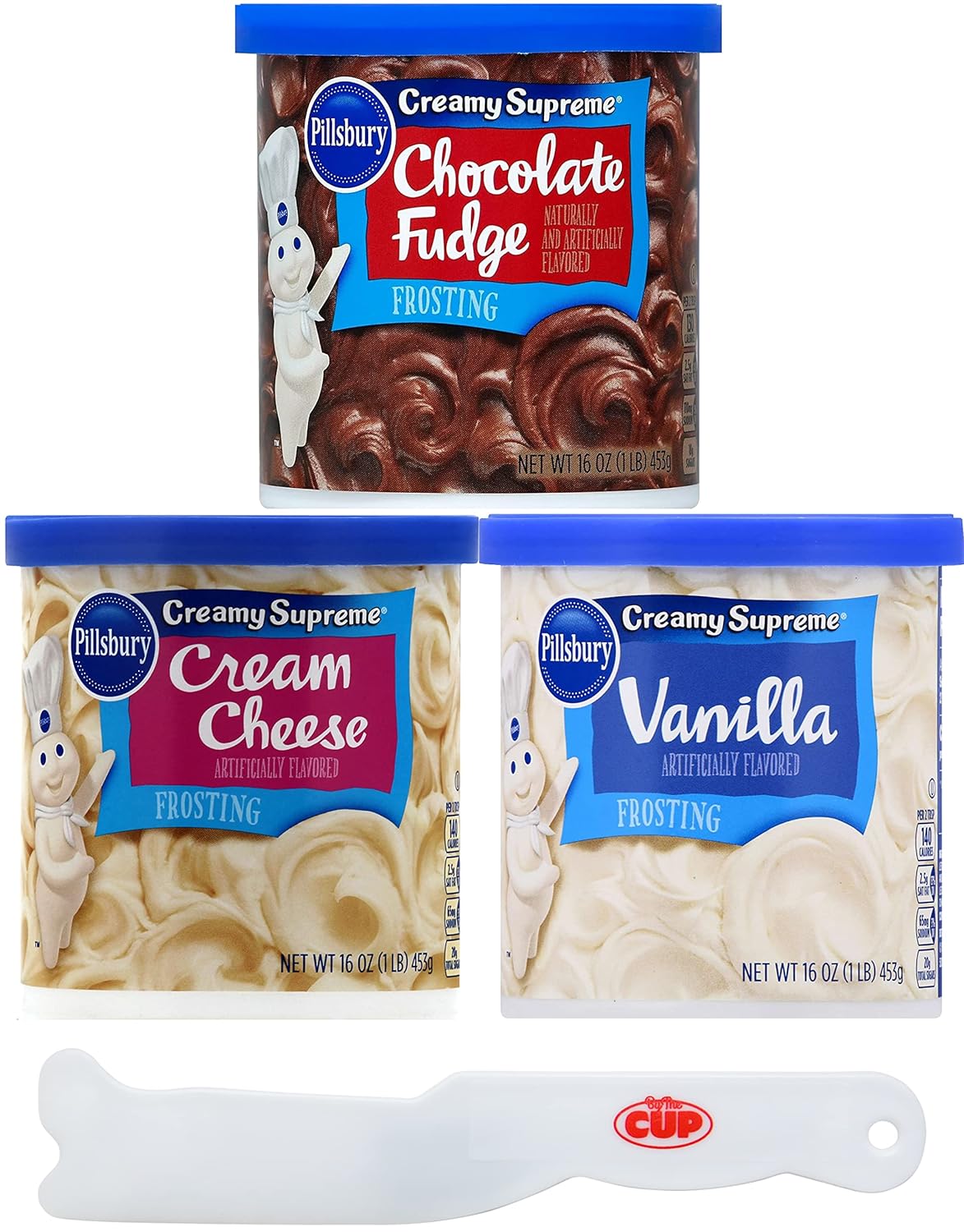 Pillsbury Creamy Supreme Frosting Variety Vanilla, Cream Cheese, Chocolate Fudge with By The Cup Spatula Knife