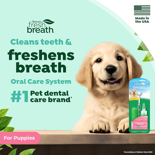 TropiClean Fresh Breath Puppy Teeth Cleaning Oral Care Kit - Breath Freshener Dental Care - Complete Dog Toothbrush Kit for Puppies - Helps Remove Plaque & Tartar, For Puppies, 59ml (Packing May Vary)?FBOCK2Z-PP