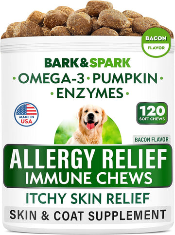 BARK&SPARK Dog Allergy Relief Chews - Anti-Itch Skin & Coat Supplement - Omega 3 Fish Oil - Itchy Skin Relief Treatment Pills - Itching & Paw Licking - Dry Skin&Hot Spots - (120 Immune Treats - Bacon)