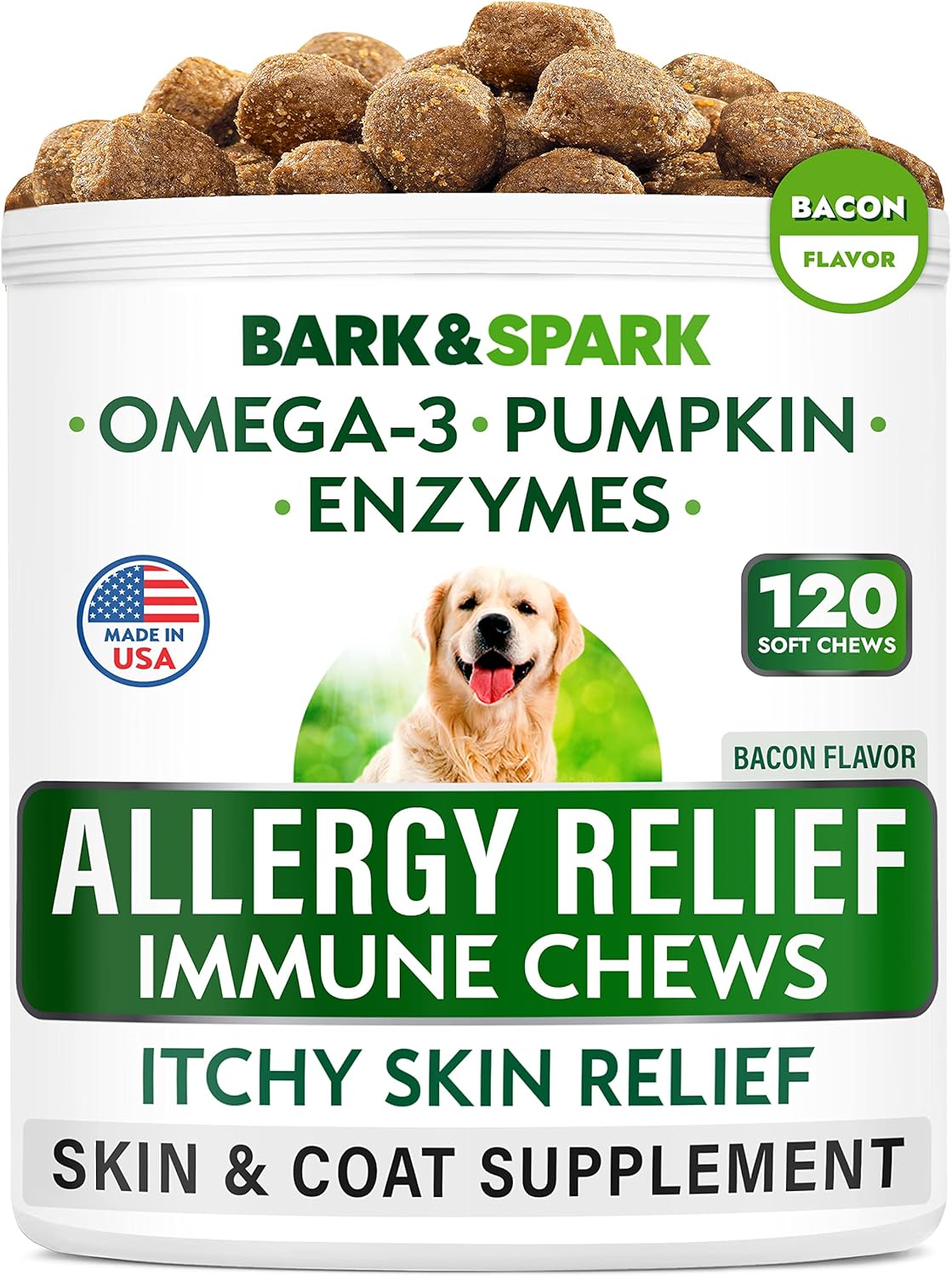 Bark&Spark Dog Allergy Relief Chews - Anti-Itch Skin & Coat Supplement - Omega 3 Fish Oil - Itchy Skin Relief Treatment Pills - Itching & Paw Licking - Dry Skin&Hot Spots - (120 Immune Treats - Bacon)