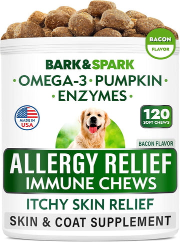 Bark&Spark Dog Allergy Relief Chews - Anti-Itch Skin & Coat Supplement - Omega 3 Fish Oil - Itchy Skin Relief Treatment Pills - Itching & Paw Licking - Dry Skin&Hot Spots - (120 Immune Treats - Bacon)