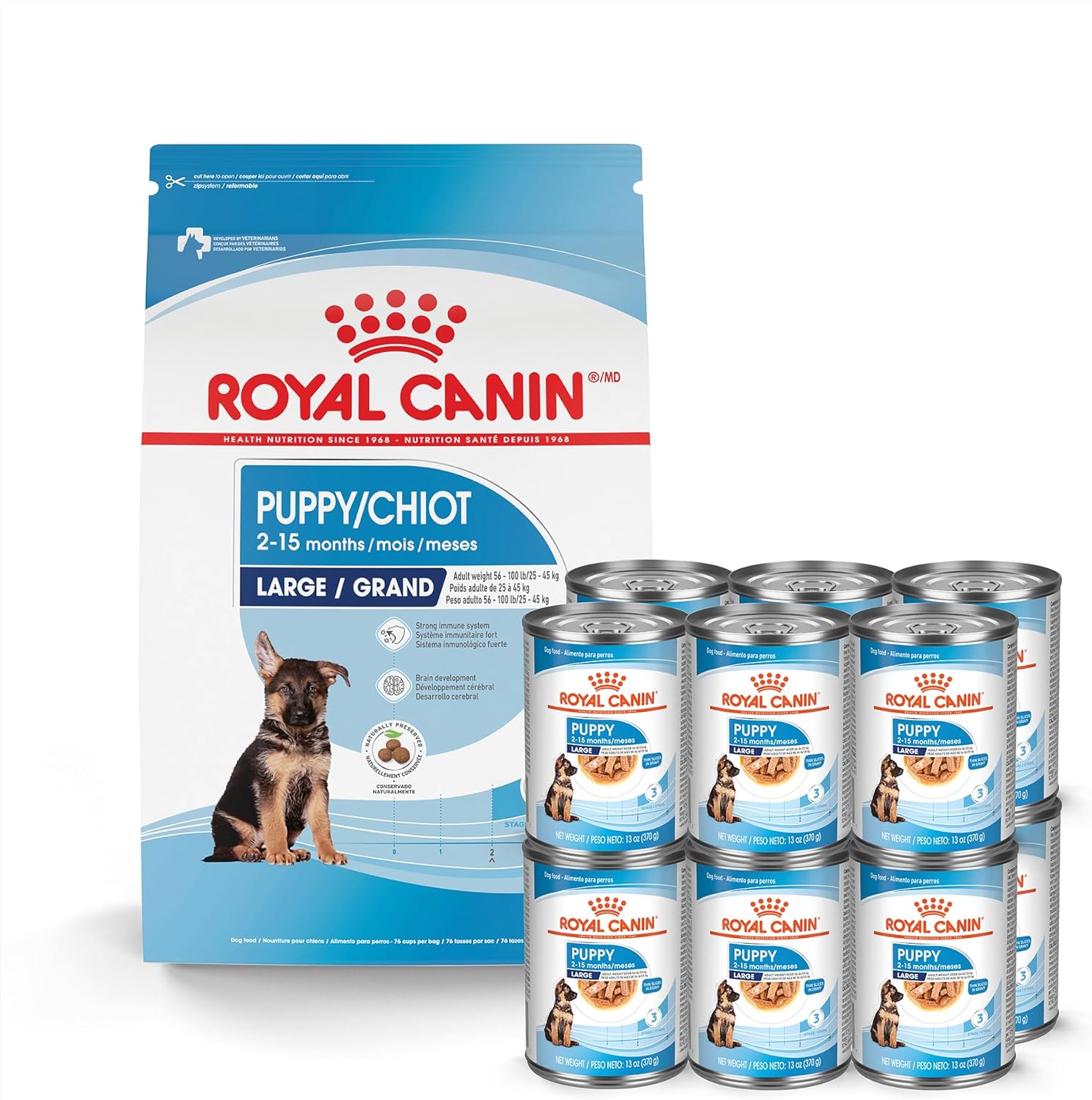 Royal Canin Size Health Nutrition Large Puppy Dry Dog Food, 17 lb Bag Size Health Nutrition Large Puppy Thin Slices in Gravy Wet Dog Food, 13 oz can (12-Count)