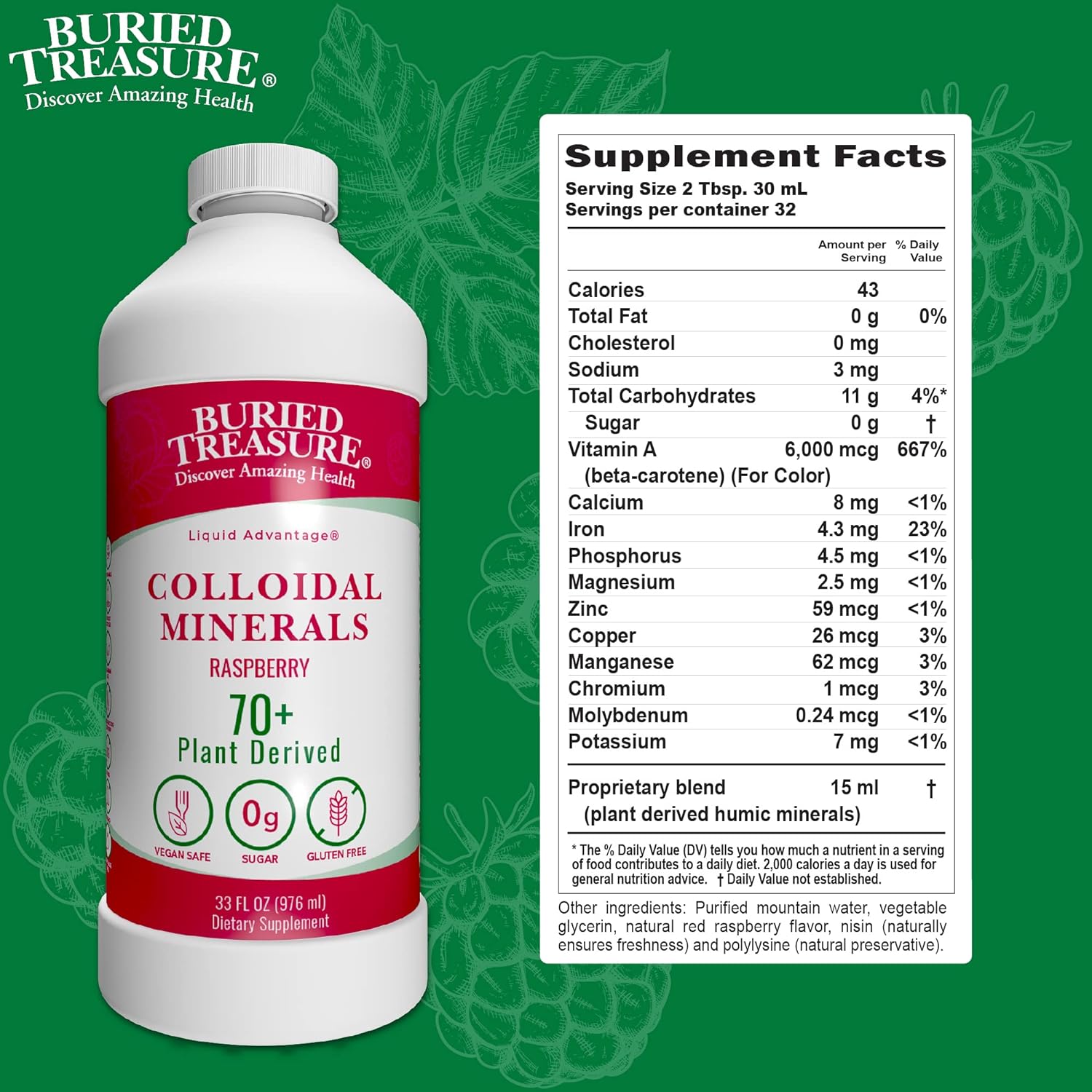 Buried Treasure Fulvic Mineral Complex - 32oz, Natural Raspberry Flavor with Over 70 Plant Derived Minerals Non-GMO Electrolyte Replacement Vegetarian Safe Daily Essential and Trace Minerals : Health & Household