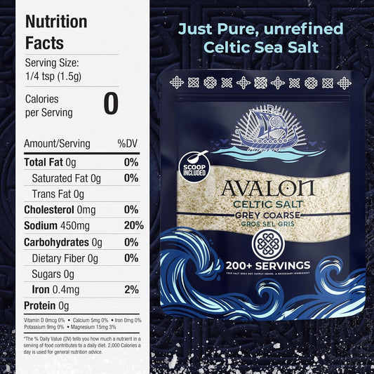 Avalon Celtic Salt, 8.0 Oz Coarse Celtic Sea Salt Organic, Unrefined French Celtic Salt Organic 82 Minerals Coarse, 100% Natural Gros Sel Gris, Sal Celtica Organica, Celtics Salt