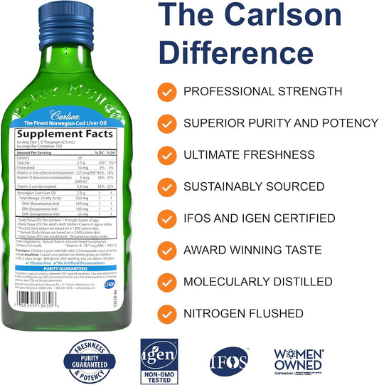 Carlson - Cod Liver Oil, 1100 Mg Omega-3S, Liquid Fish Oil Supplement, Wild-Caught Norwegian Arctic, Sustainably Sourced Nordic Liquid, Lemon, 250 Ml