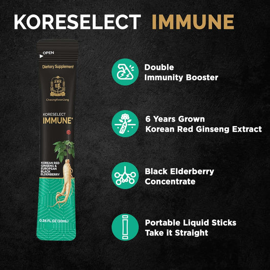 KORESELECT Immune, Korean Red Ginseng Extract with Elderberry Liquid Sticks, Immunity Support, Blood Circulation Booster, Natural Energy Supplement, 6 Year Old Asian Panax Ginseng, 10 Count