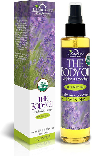 US Organic Body Oil - Elegant Lavender - Jojoba and Rosehip Oil with Vitamin E, Certified Organic, No Alcohol, Paraben, Artificial Detergents, Color or Synthetic perfumes, 5 Fl.oz. (Lavender)