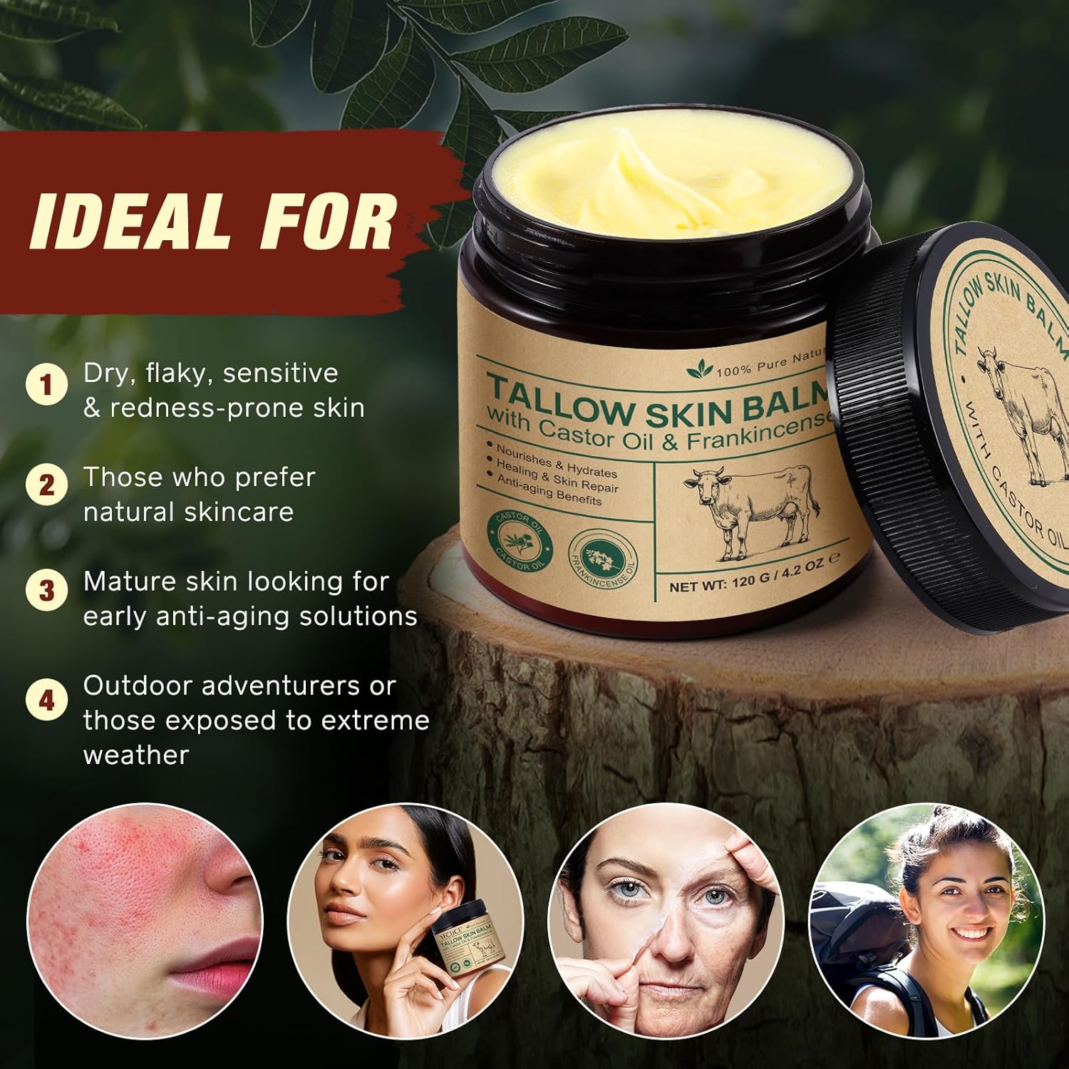 Handmade Tallow, Organic Castor Oil, And Frankincense Oil Face Balm, 100% Grass-Fed Tallow For Skin Care, Face & Body Moisturizer For Sensitive Skin & Dry Skin Age Defying, Natural Lotion : Beauty & Personal Care