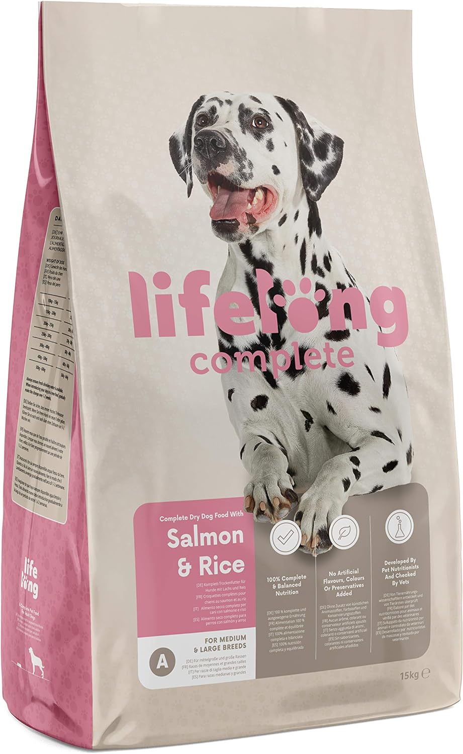 Amazon Brand - Lifelong - Complete Dry Dog Food with Salmon & Rice for Medium and Large Breeds, 1 Pack of 15kg?ESP50062005