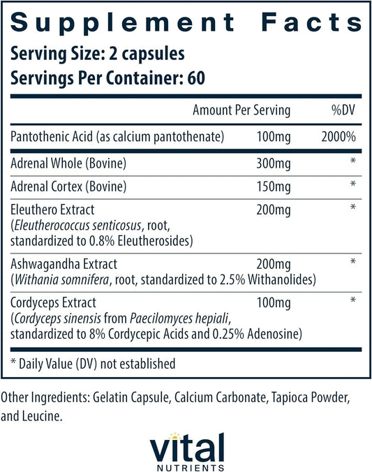 Vital Nutrients Adrenal Support | Adrenal Support Supplements For Gland Function And Cortisol Management | Supports Energy And Stress Levels | Gluten, Dairy, Soy Free | 120 Capsules