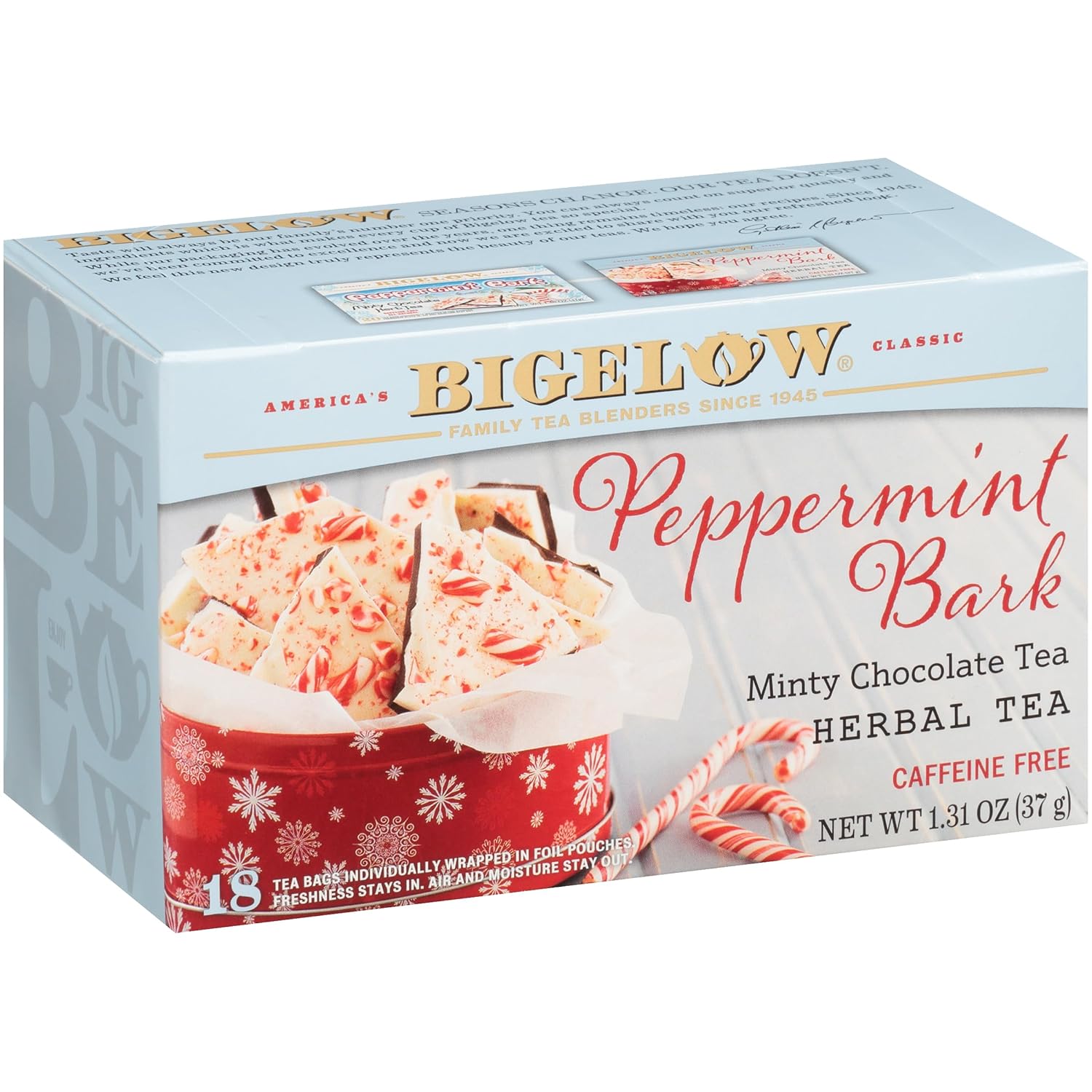 Bigelow Tea Peppermint Bark Herbal Tea, Caffeine Free, 18 Count (Pack Of 6), 108 Total Tea Bags