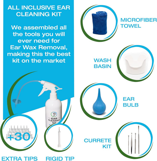 Ear Wax Removal Tool By Tilcare - Ear Irrigation Flushing System For Adults & Kids - Perfect Ear Cleaning Kit - Includes Basin, Syringe, Curette Kit, Towel And 30 Disposable Tips