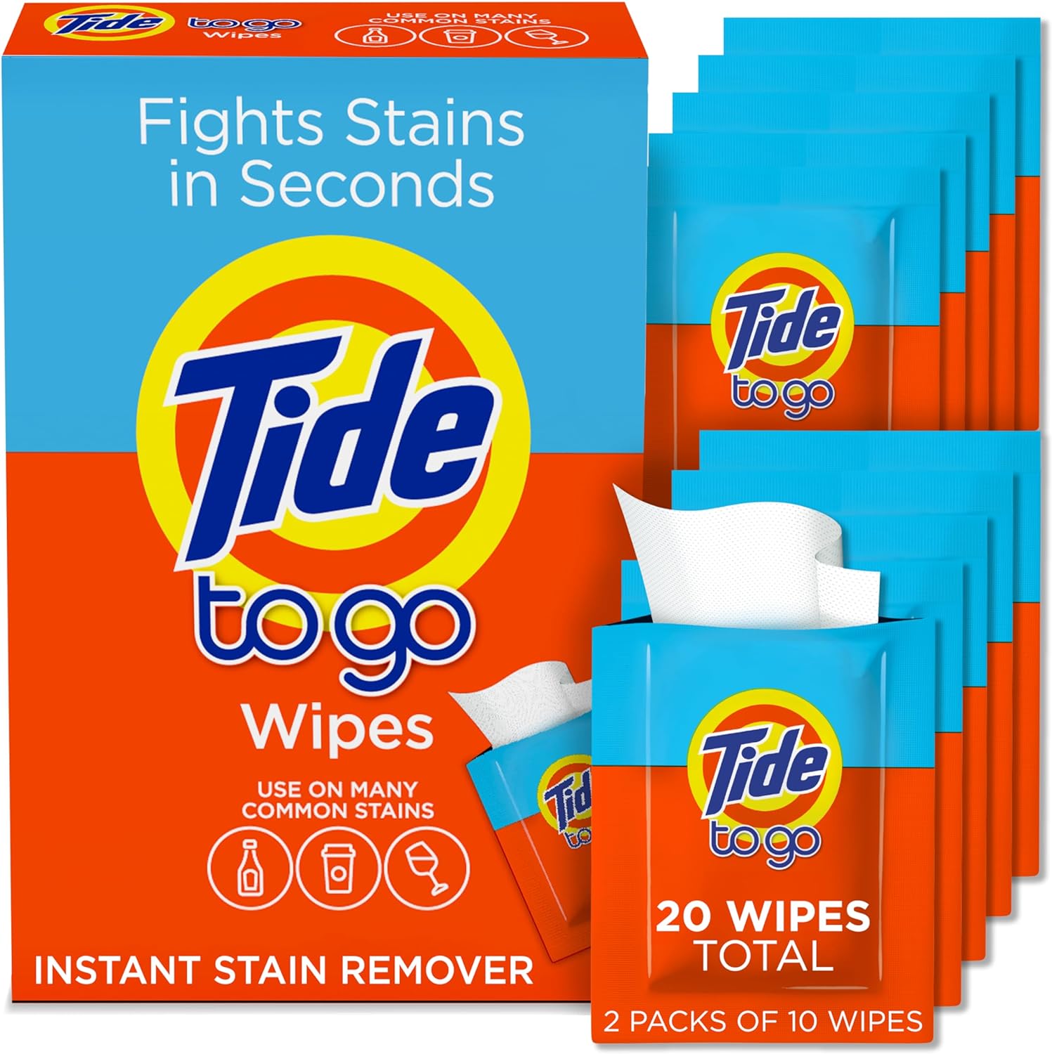 Tide Stain Remover for Clothes, Tide To Go Wipes, Instant Stain Remover for Clothes, Travel & Pocket Size, 20 Count