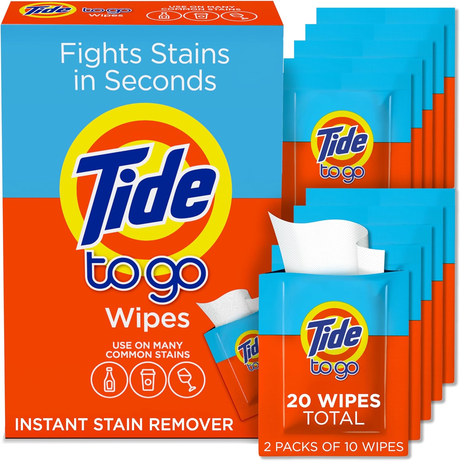 Tide Stain Remover For Clothes, Tide To Go Wipes, Instant Stain Remover For Clothes, Travel & Pocket Size, 20 Count