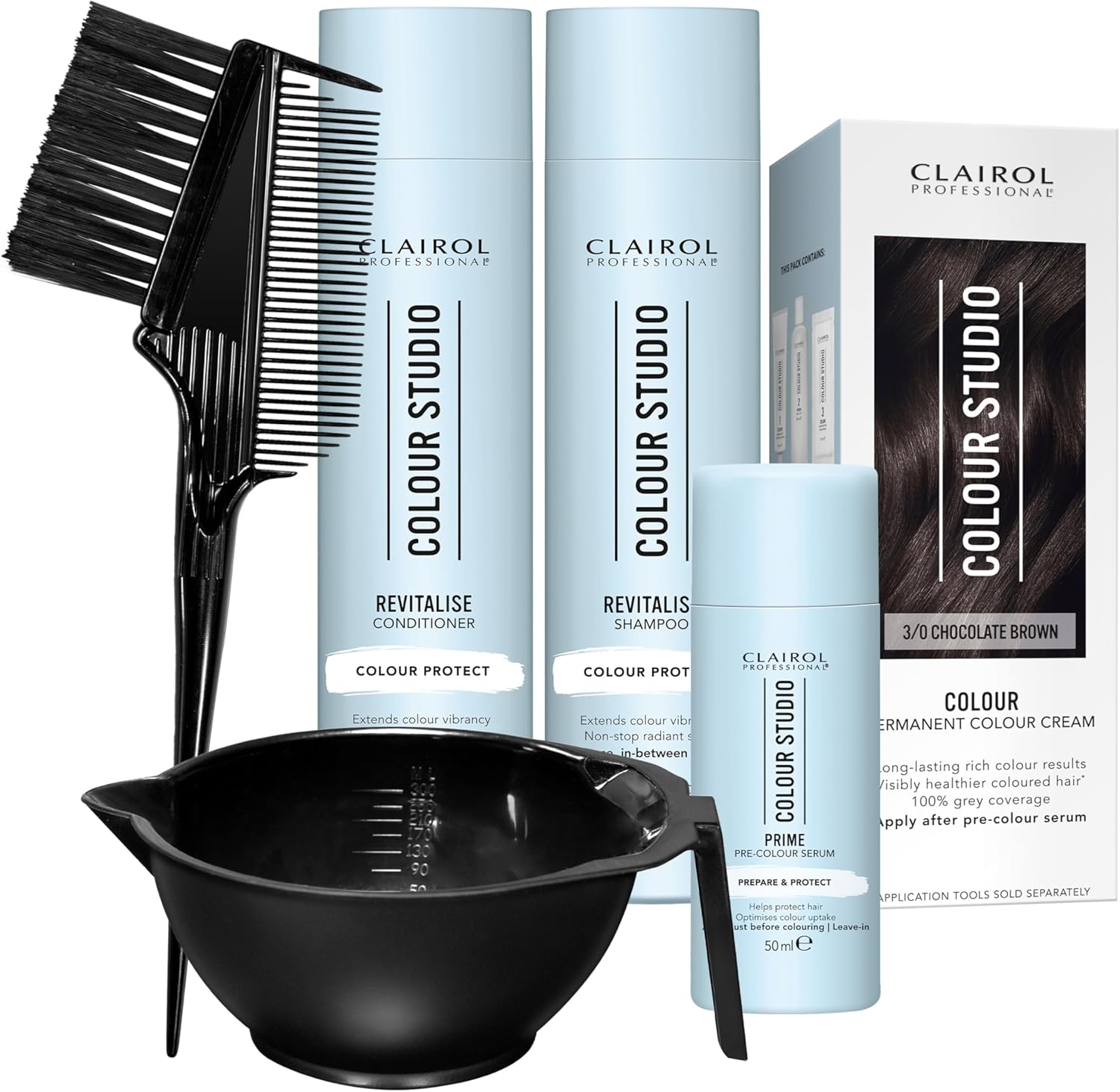 Clairol Professional Colour Studio Permanent Colour Cream Hair Dye | Long-Lasting Rich Tones | 100% Grey Coverage | Hair Colouring Kit | 3-Step Routine With Accessories | 3/0 Chocolate Brown