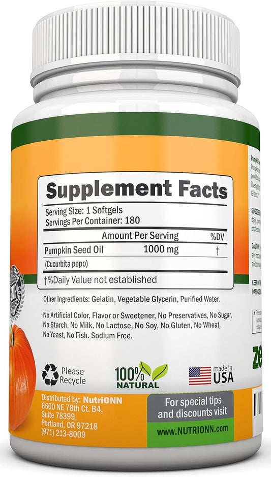 Pumpkin Seed Oil - 1000MG - 180 Softgels - Cold-Pressed Natural Pumpki