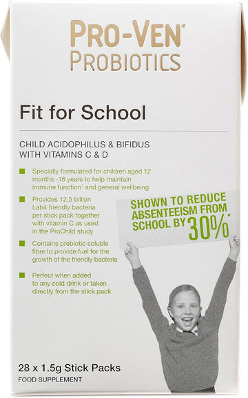 Pro-Ven Probiotics For Children (3-16) Fit For School Immune Health 12.5 Billion Cfu Friendly Bacteria, Vitamin C & Vitamin D Supplement 14 Powder Sachets