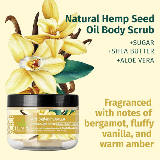 Hempz Age Defying Sugar Body Scrub - Vanilla & Musk - All Natural Anti Aging Exfoliating Shea Butter, Sugar, And Salt - For Women, Men, And Teens - 7.3 Fl Oz