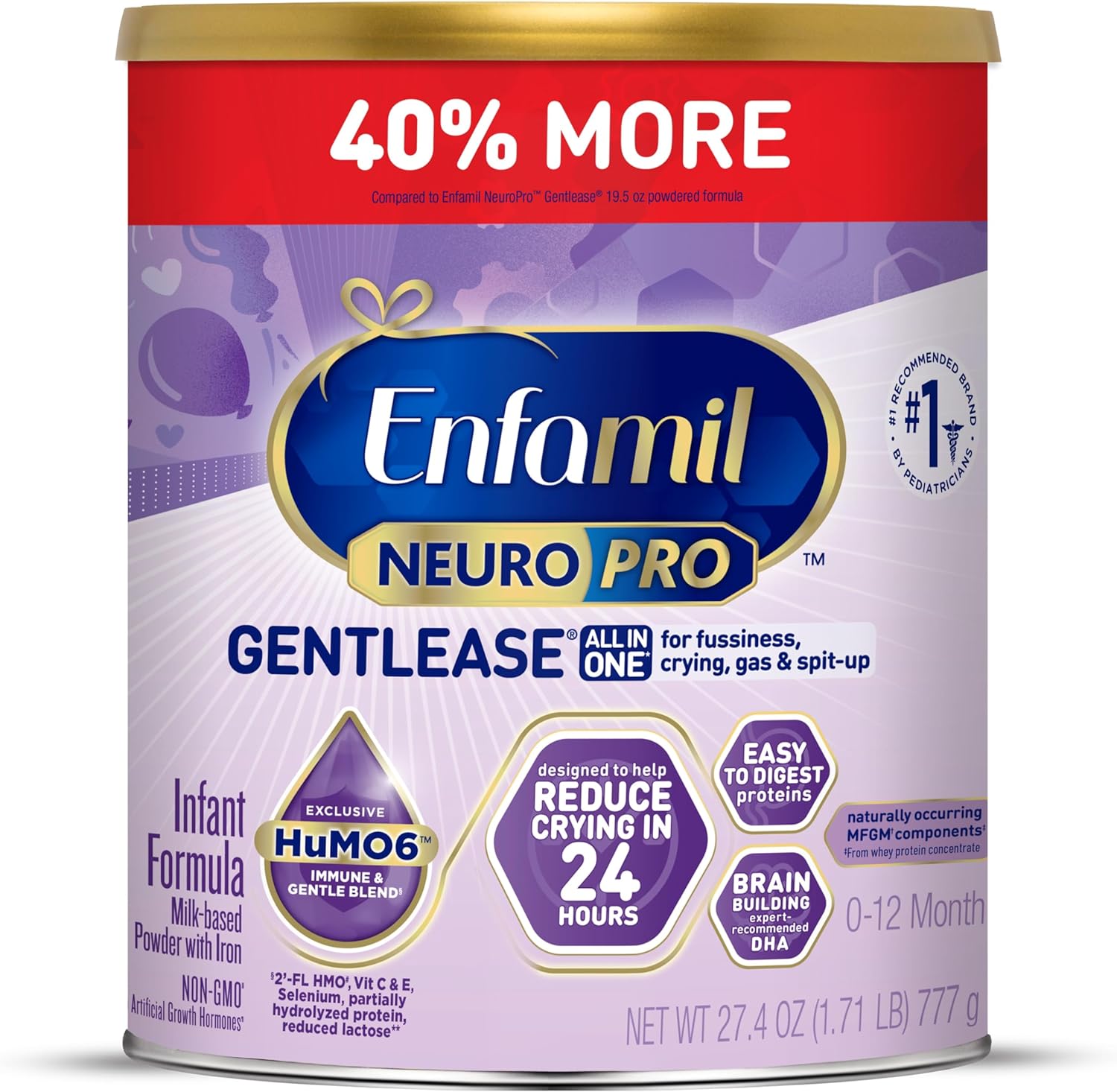 Enfamil NeuroPro Gentlease Baby Formula, Brain Building DHA, HuMO6 Immune Blend, Designed to Reduce Fussiness, Crying, Gas & Spit-up in 24 Hrs, Gentle Infant Formula Powder, Baby Milk, 27.4 Oz Can