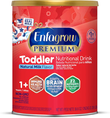 Enfagrow PREMIUM Toddler Nutritional Drink, Omega-3 DHA for Brain Support, Prebiotics & Vitamins for Immune Health, Non-GMO, Powder Can, 36.6 Oz
