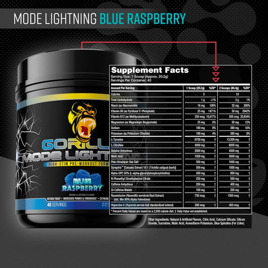 Gorilla Mode Lightning Pre-Workout - Extreme Energy · Laser Focus · Powerful Pumps · Peak Performance - 550Mg Caffeine, 13500Mg L-Tyrosine, Alpha-Gpc– 792G (Bombsicle)