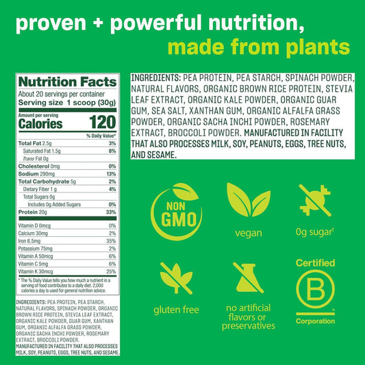 Vega Protein And Greens Protein Powder, Vanilla - 20G Plant Based Protein Plus Veggies, Vegan, Non Gmo, Pea Protein For Women And Men, 21.7 Ounce (Packaging May Vary)