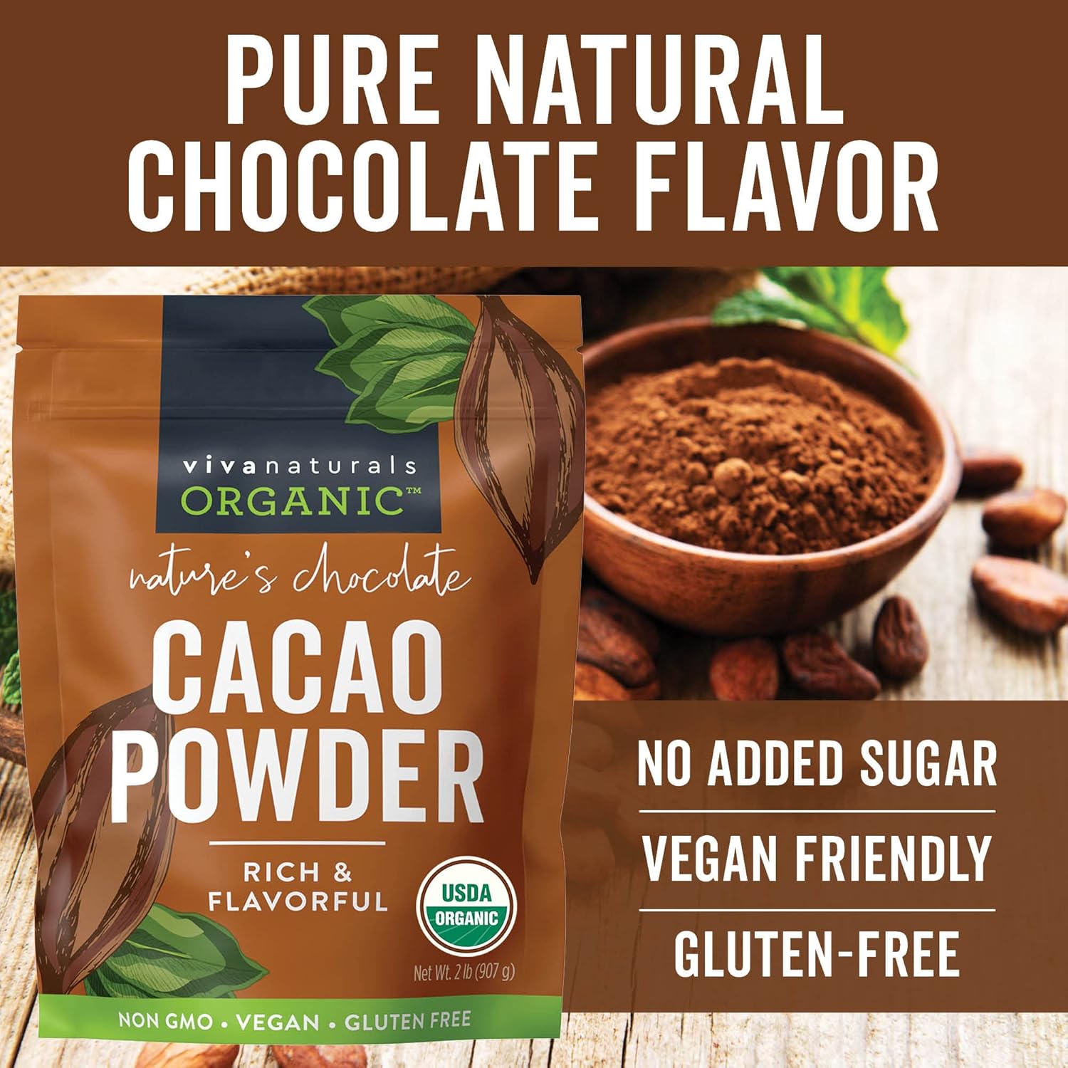 Viva Naturals Organic Cacao Powder, 2Lb - Unsweetened Cocoa Powder With Rich Dark Chocolate Flavor, Perfect For Baking & Smoothies - Certified Vegan, Keto & Paleo, Non-Gmo & Gluten-Free, 907 G