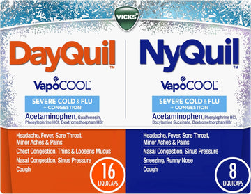 Dayquil And Nyquil Severe With Vicks Vapocool, Cough, Cold & Flu Relief Combo Pack, 24 Caplets (16 Dayquil, 8 Nyquil) - Sore Throat, Fever, And Congestion Relief