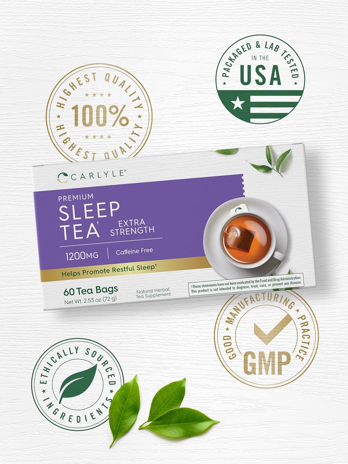 Carlyle Sleep Tea | 60 Tea Bags | Caffeine Free | Herbal Blend | Bedtime Tea | With Valerian Root | Helps Promote Restful Sleep | Vegetarian, Non-Gmo, Gluten Free