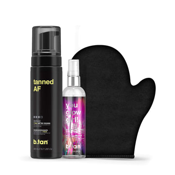 B.Tan Dark Self Tan & Face Mist Kit | B.Tan + Glow Bundle - Self Tanning Mousse With You Glow Girl Gradual Face + Body Mist W Self Tanning Mitt Applicator, 1 Hour Sunless Tanner, Fast, 6.7 Fl Oz